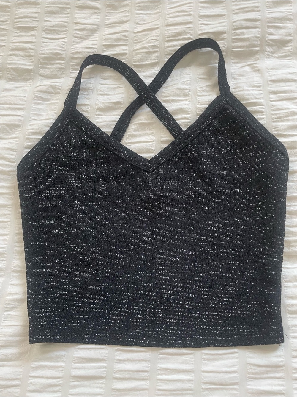 Forever 21 Black Sparkle Cropped Cami with Crisscross Straps size S small